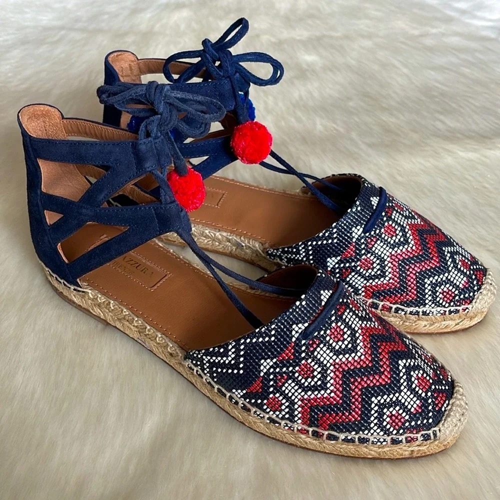 Aquazzura Firenze Belgravia Blue Suede Multicolored Textile Pom-Pom Espadrilles